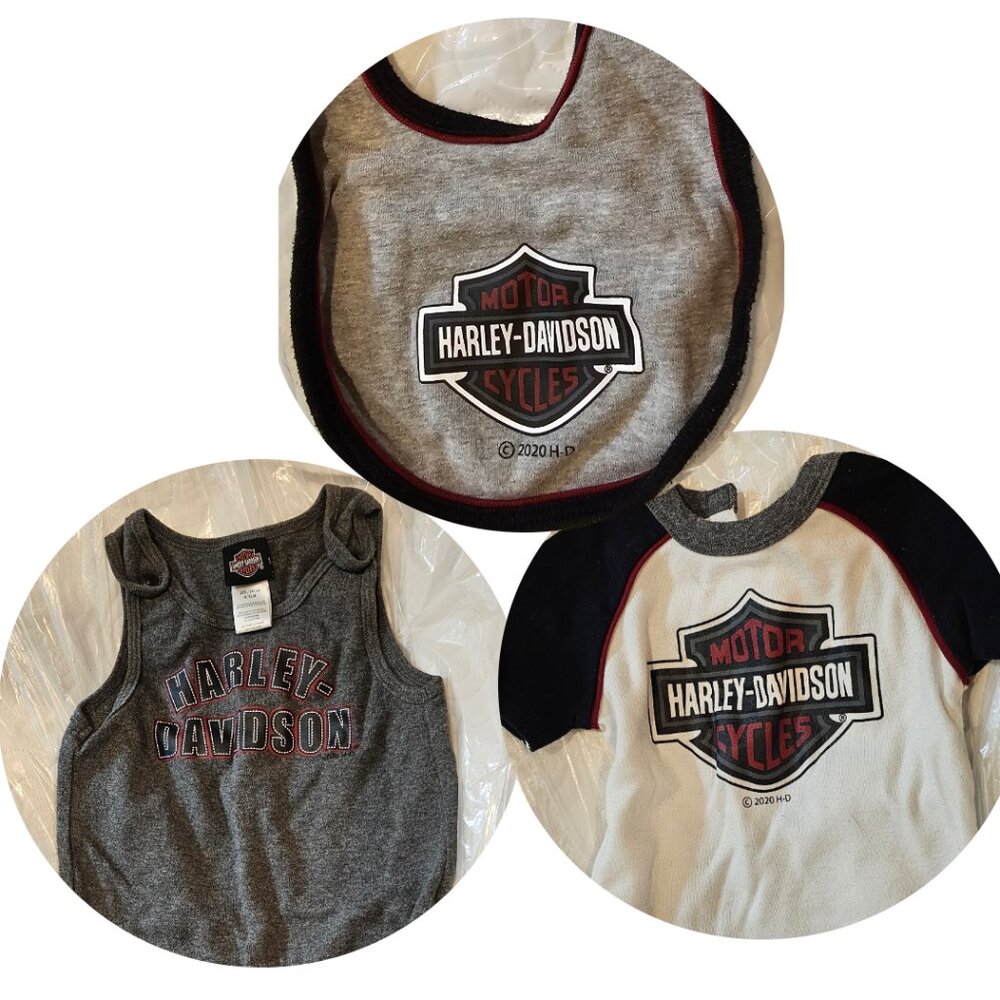 Harley-Davidson Baby Batch: White & Red Tee, Charcoal Onesie, and Gray Bib